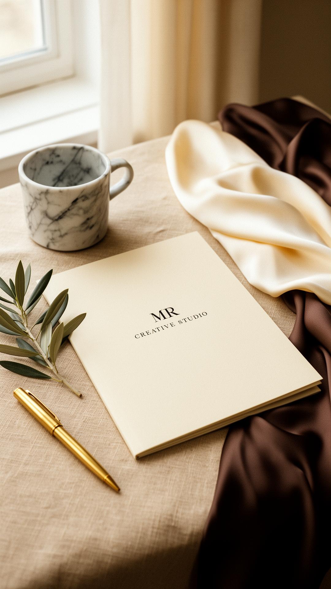 MR Creative Studio editorial portfolio with marble cup and silk
